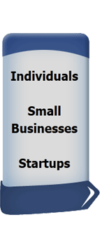 rectangular blue and grey image with the words individuals, small businesses and startups in the middle